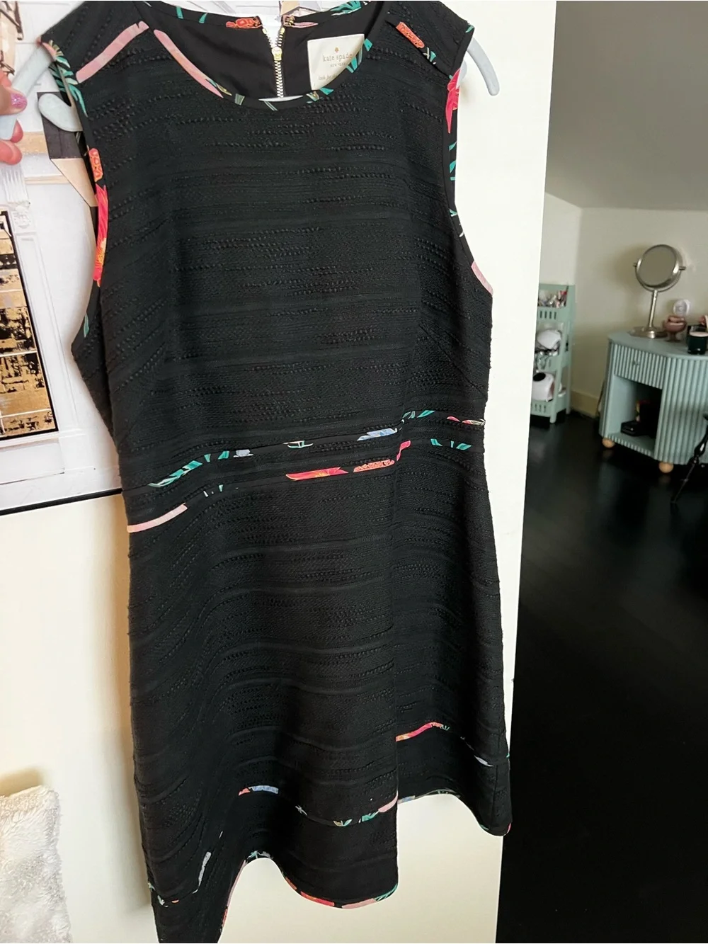 kate spade Black Sleeveless Mini Dress with Multicolor Floral Trim